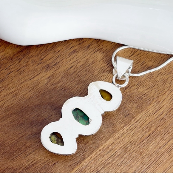 Honey Dahlia & Green Turquoise Pendant Jewelry Set Sterling Silver 925 - Picture 8 of 9